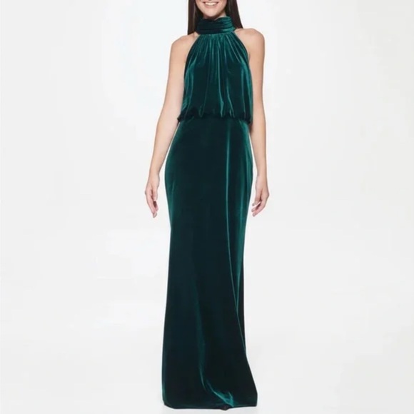 Eliza J Emerald Green Velvet Mock Neck Blouson Maxi Gown Dress Size 12 - Picture 1 of 12